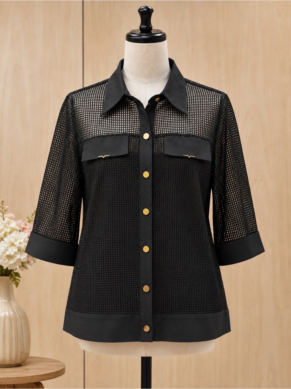 Bello Valente Women's 42 Black Mesh Collared Button Front Sheer Long Sleeve